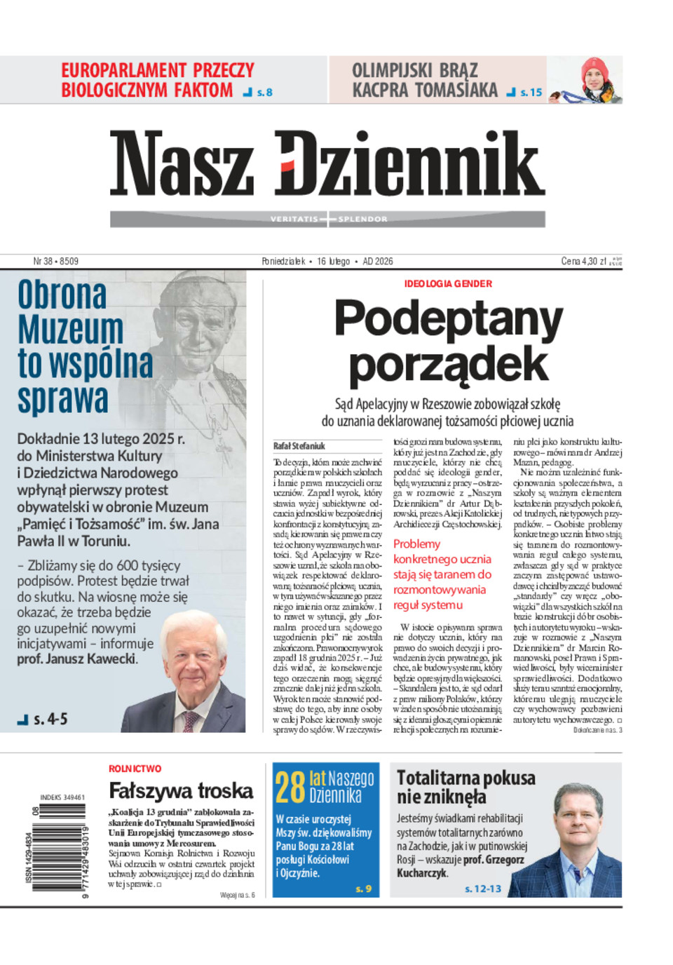 Nasz Dziennik, Poniedziałek, 16 lutego 2026, Nr 38 (8509)