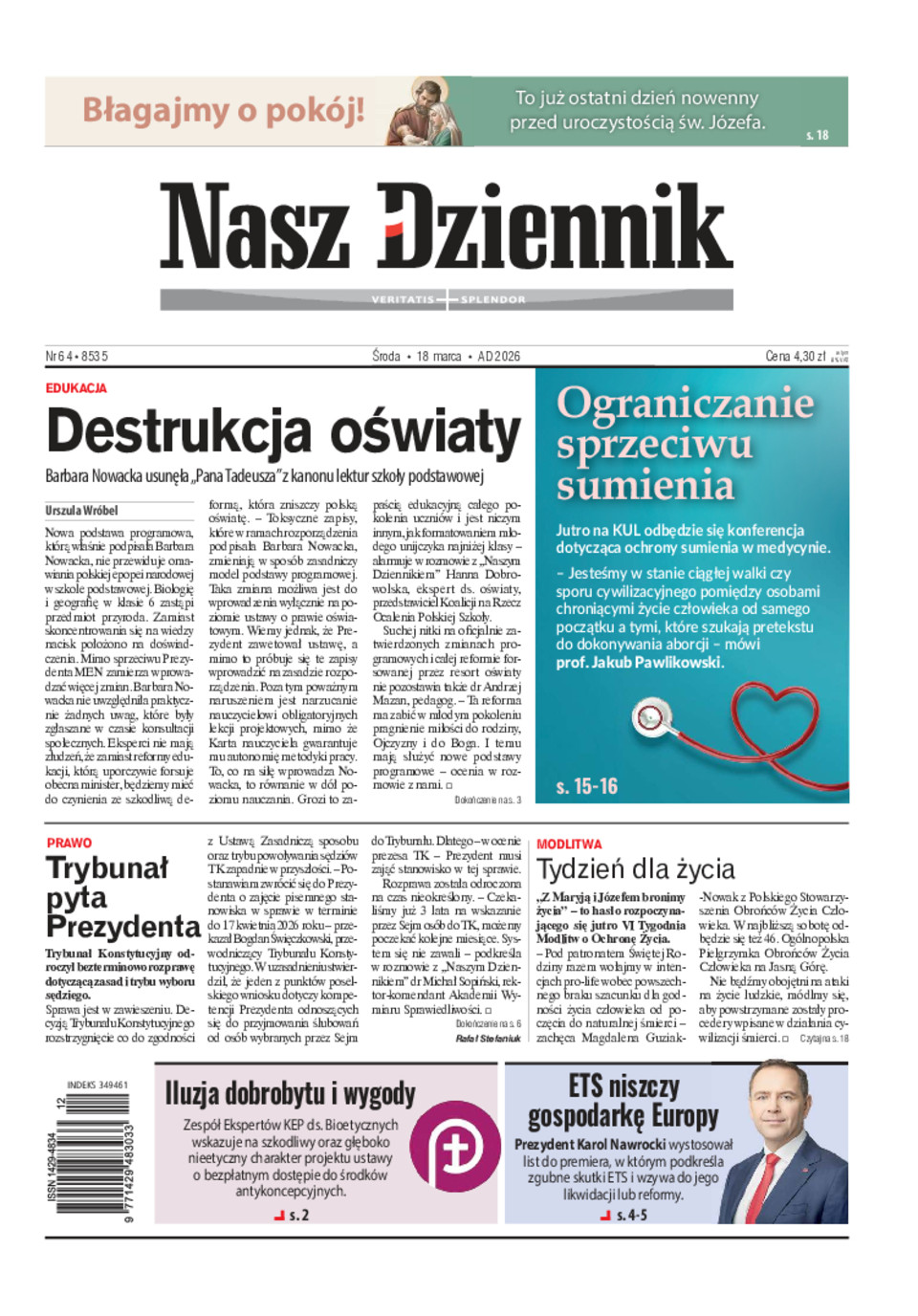Nasz Dziennik, Środa, 18 marca 2026, Nr 64 (8535)