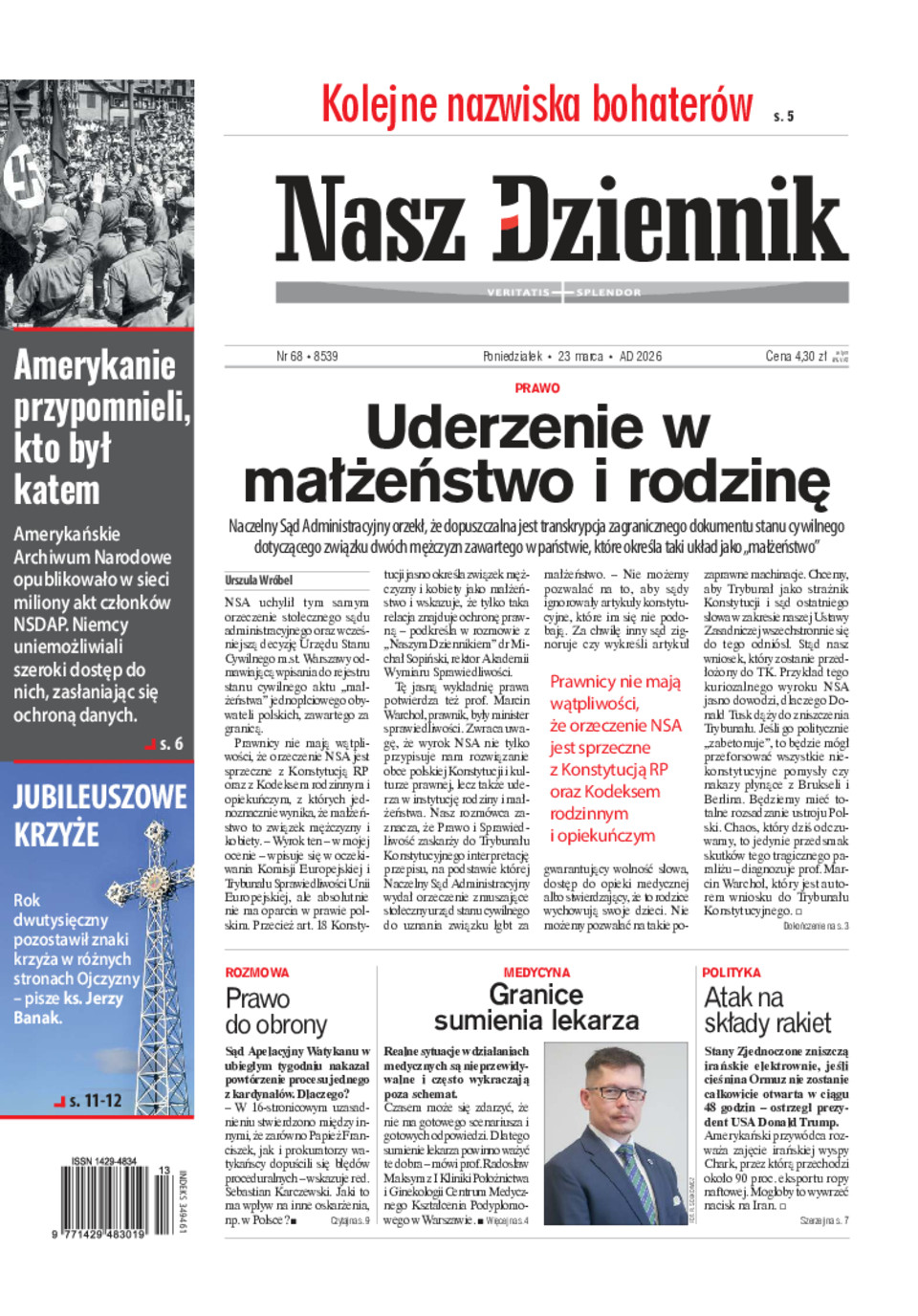 Nasz Dziennik, Poniedziałek, 23 marca 2026, Nr 68 (8539)