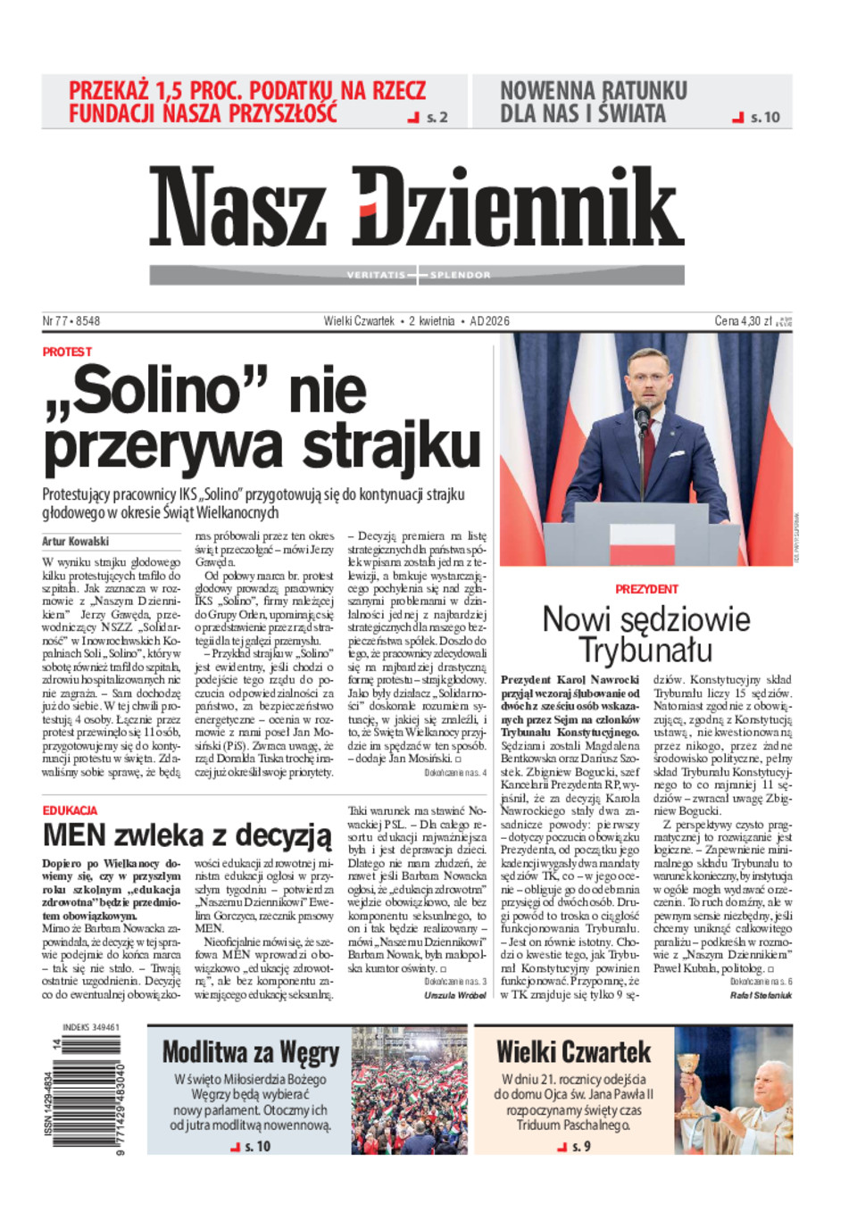 Nasz Dziennik, Wielki Czwartek, 2 kwietnia 2026, Nr 77 (8548)