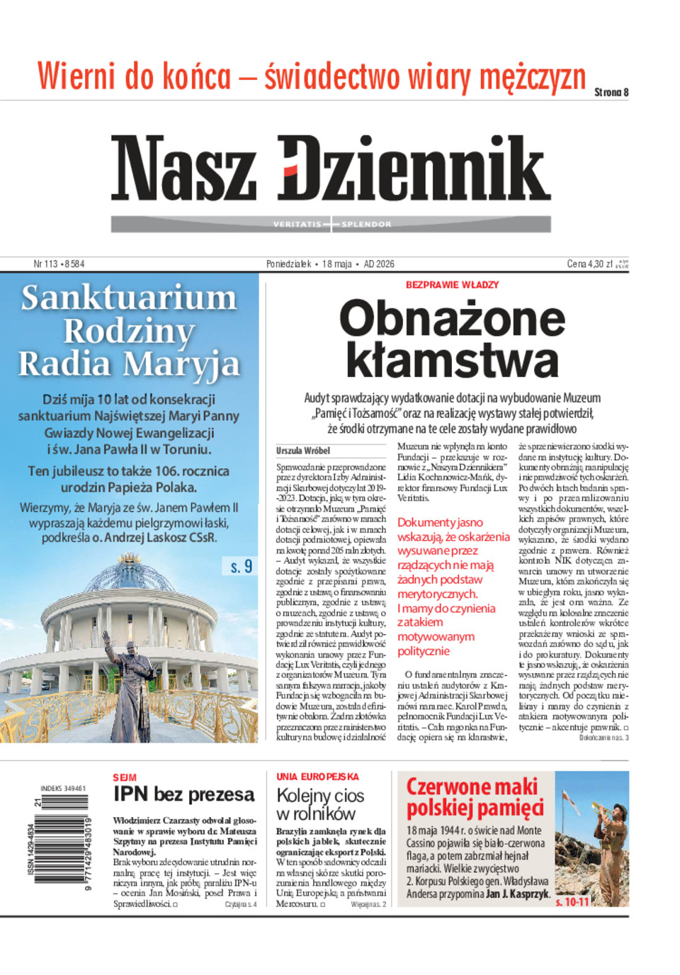 Nasz Dziennik, Poniedziałek, 18 maja 2026, Nr 113 (8584)