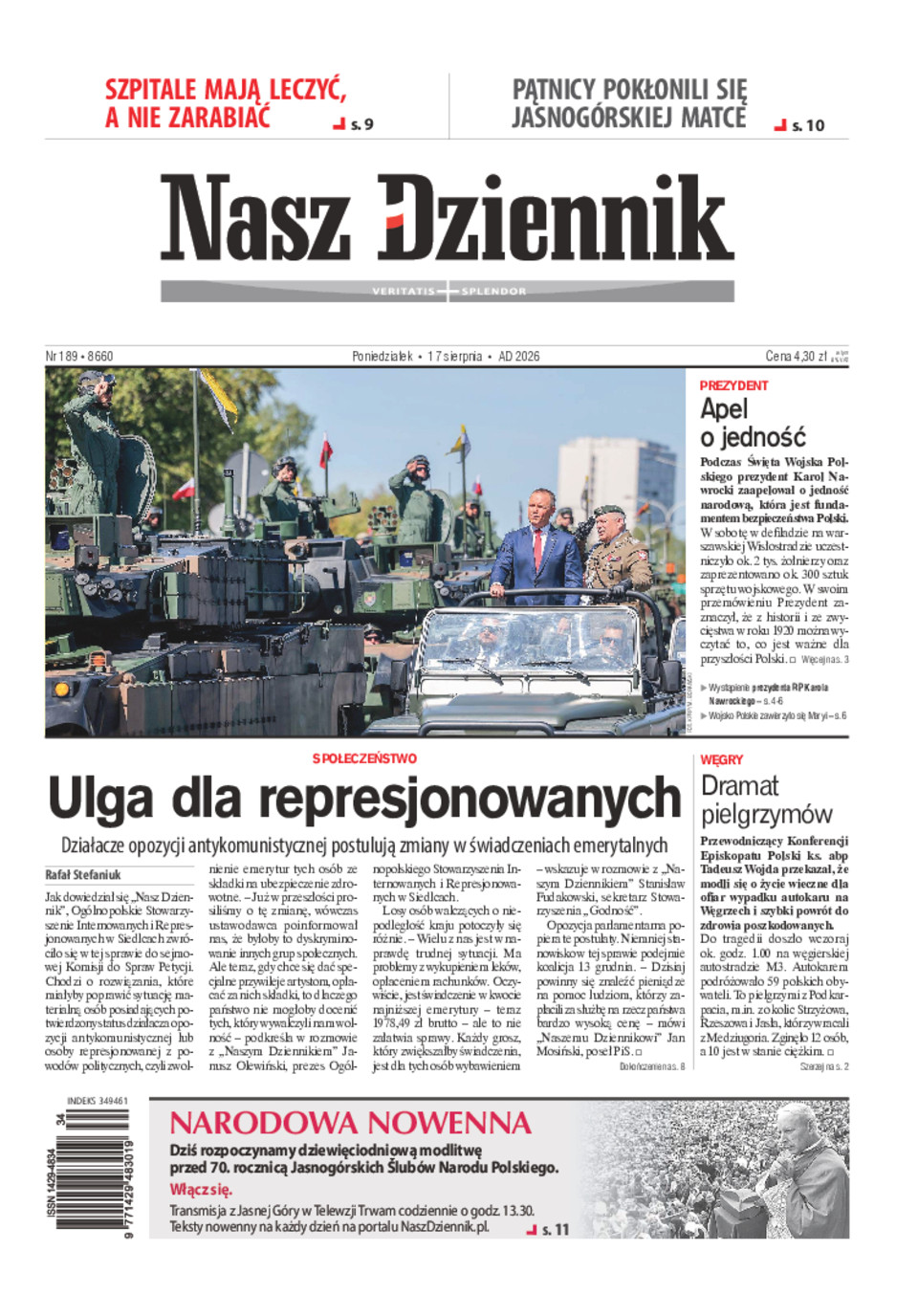 Nasz Dziennik, Poniedziałek, 17 sierpnia 2026, Nr 189 (8660)