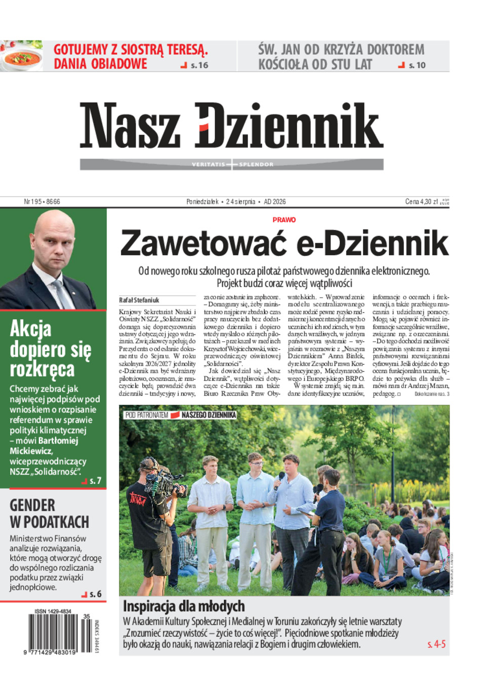 Nasz Dziennik, Poniedziałek, 24 sierpnia 2026, Nr 195 (8666)