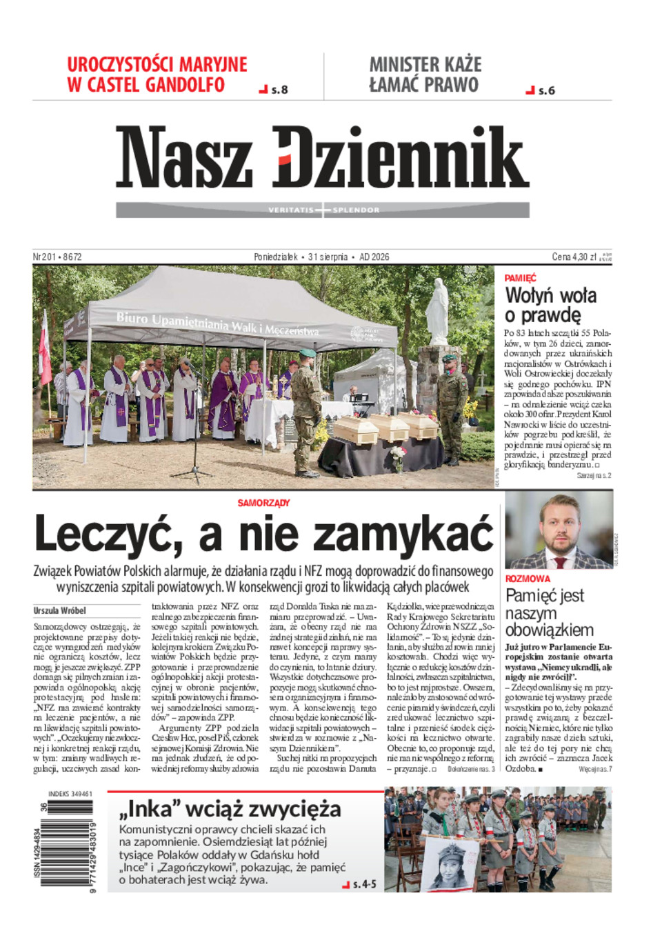 Nasz Dziennik, Poniedziałek, 31 sierpnia 2026, Nr 201 (8672)
