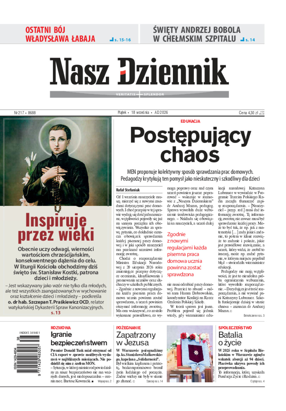 Nasz Dziennik, Piątek, 18 września 2026, Nr 217 (8688)