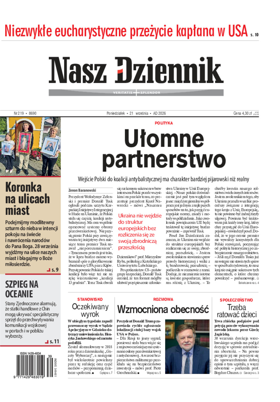 Nasz Dziennik, Poniedziałek, 21  września 2026, Nr 219 (8690)