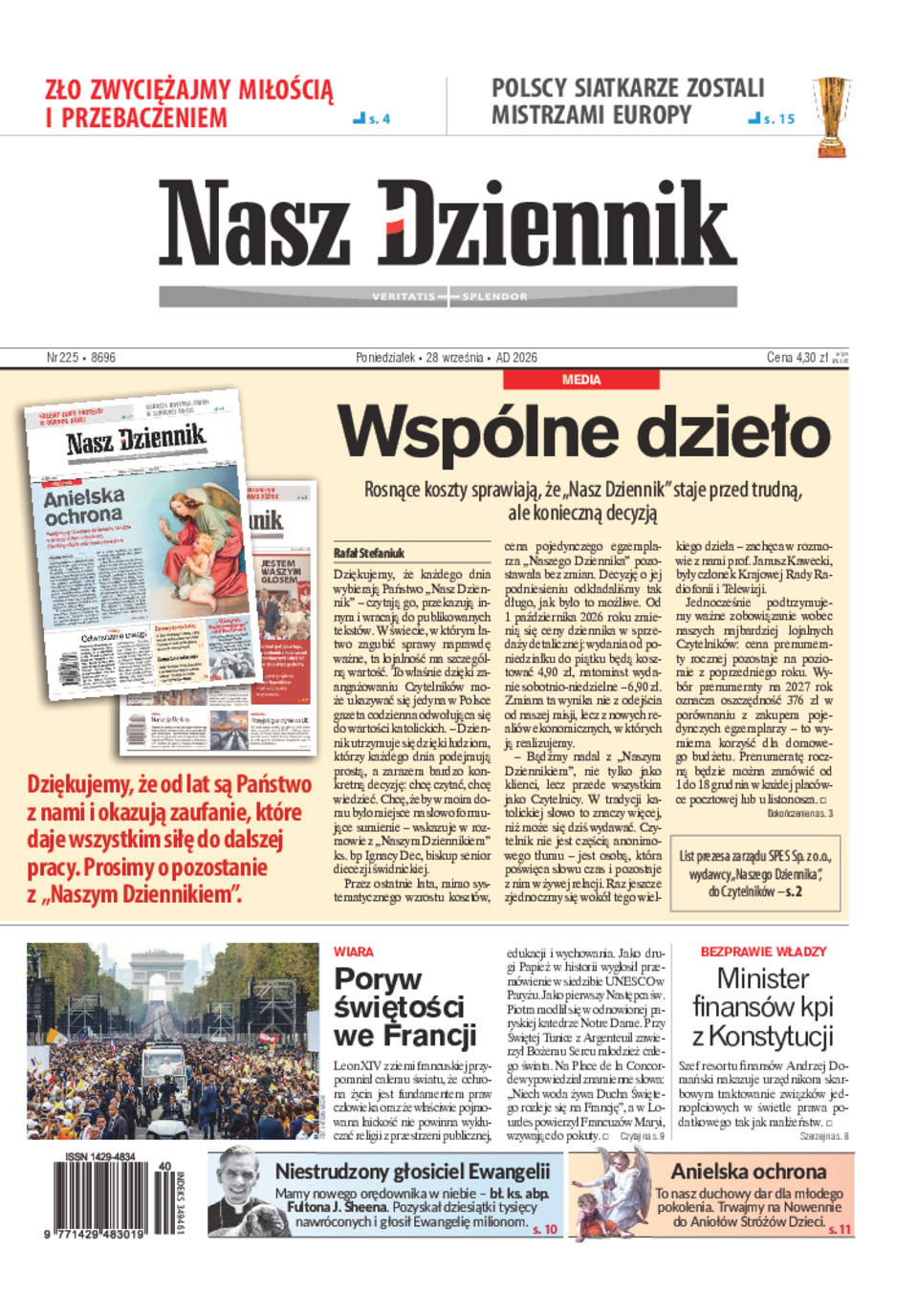 Nasz Dziennik, Poniedziałek, 28 września 2026, Nr 225 (8696)