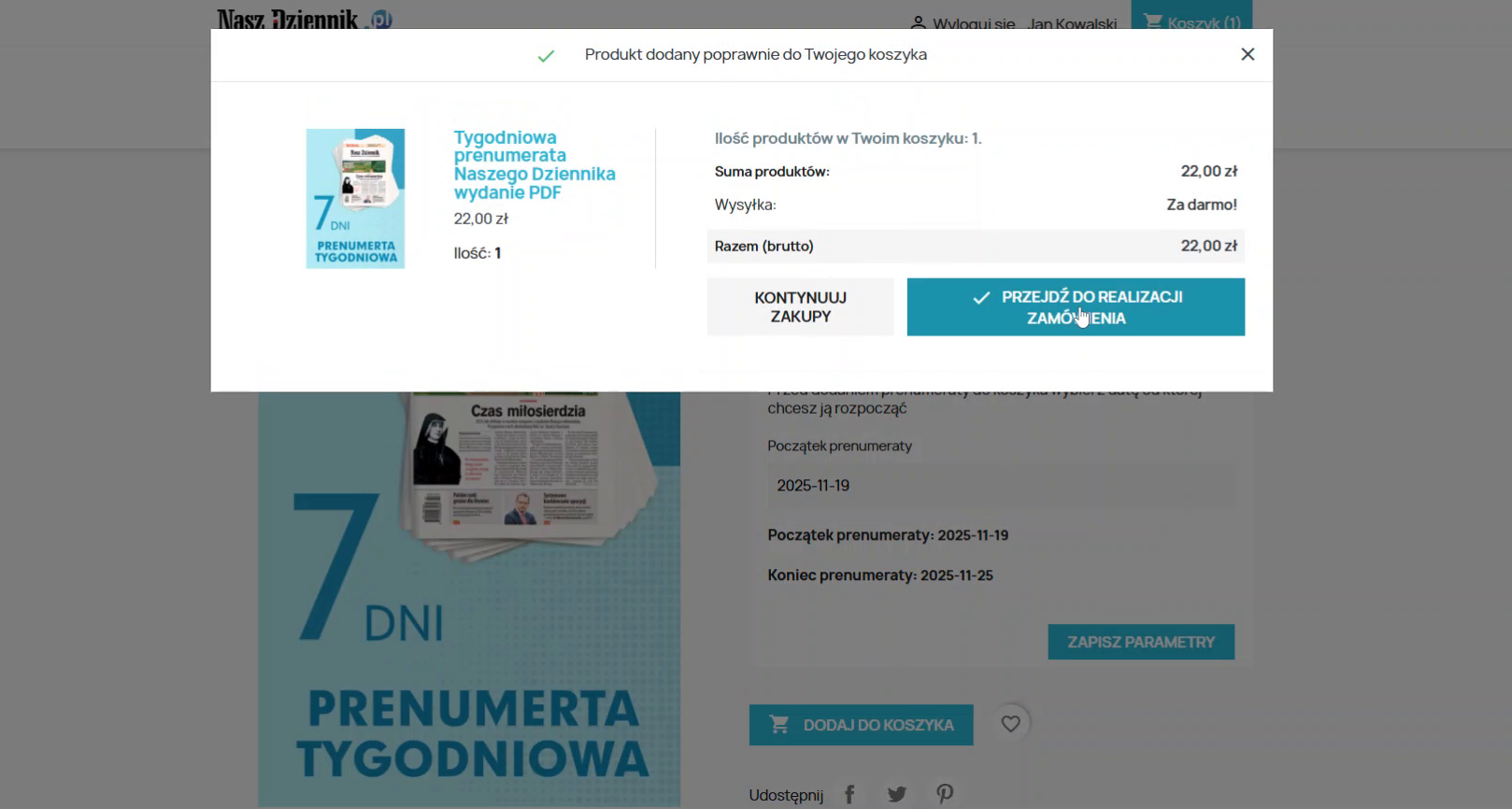 Potwierdzenie dodania do koszyka