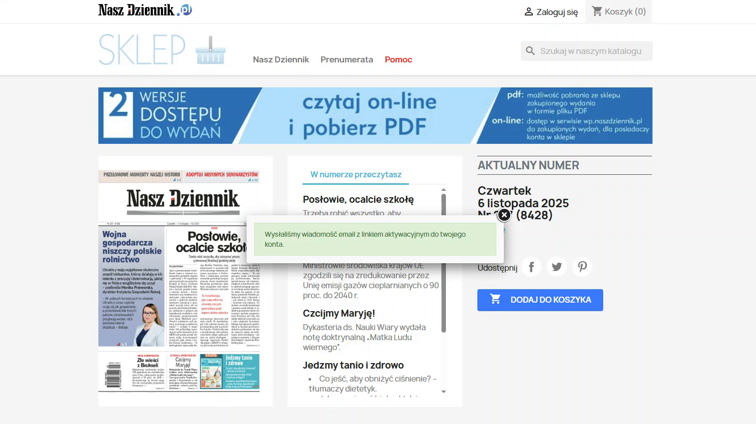 Komunikat o pomyślnej rejestracji